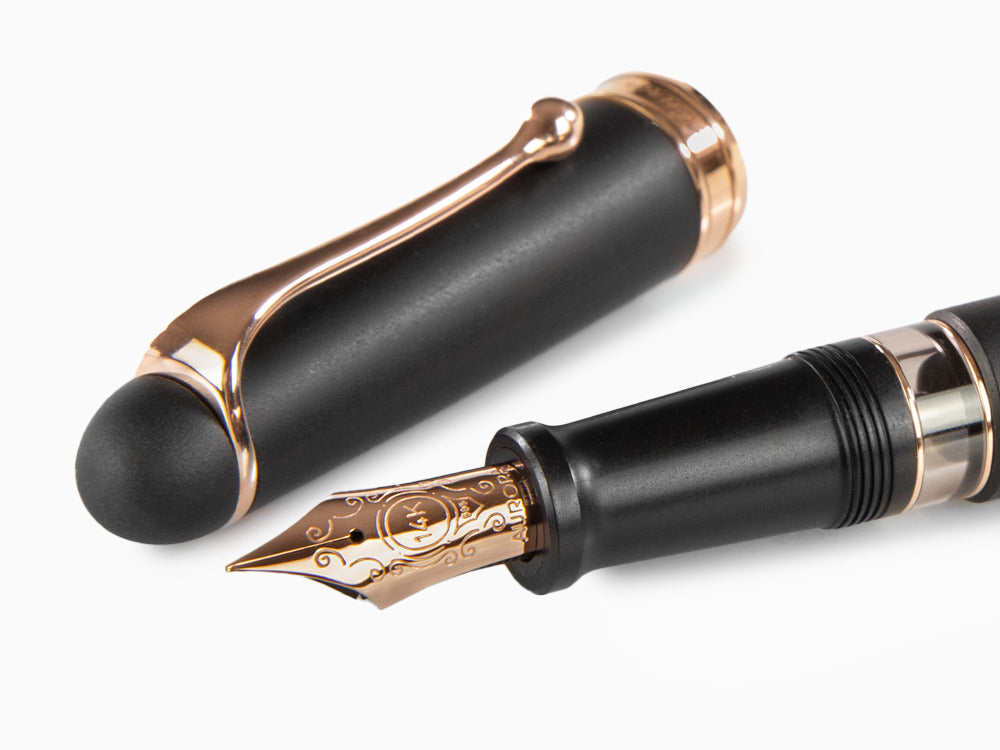 Aurora 88 Black Satin Fountain Pen, Black Resin, Rose Gold Trim, 809-PN