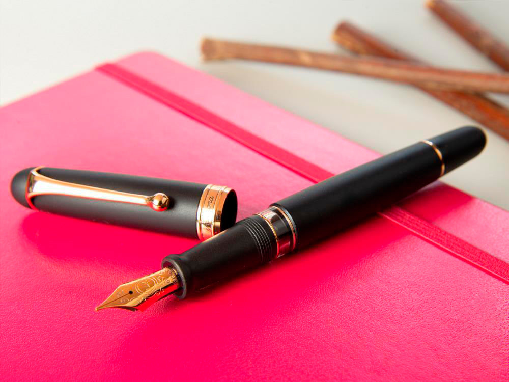 Aurora 88 Black Satin Fountain Pen, Black Resin, Rose Gold Trim, 809-PN
