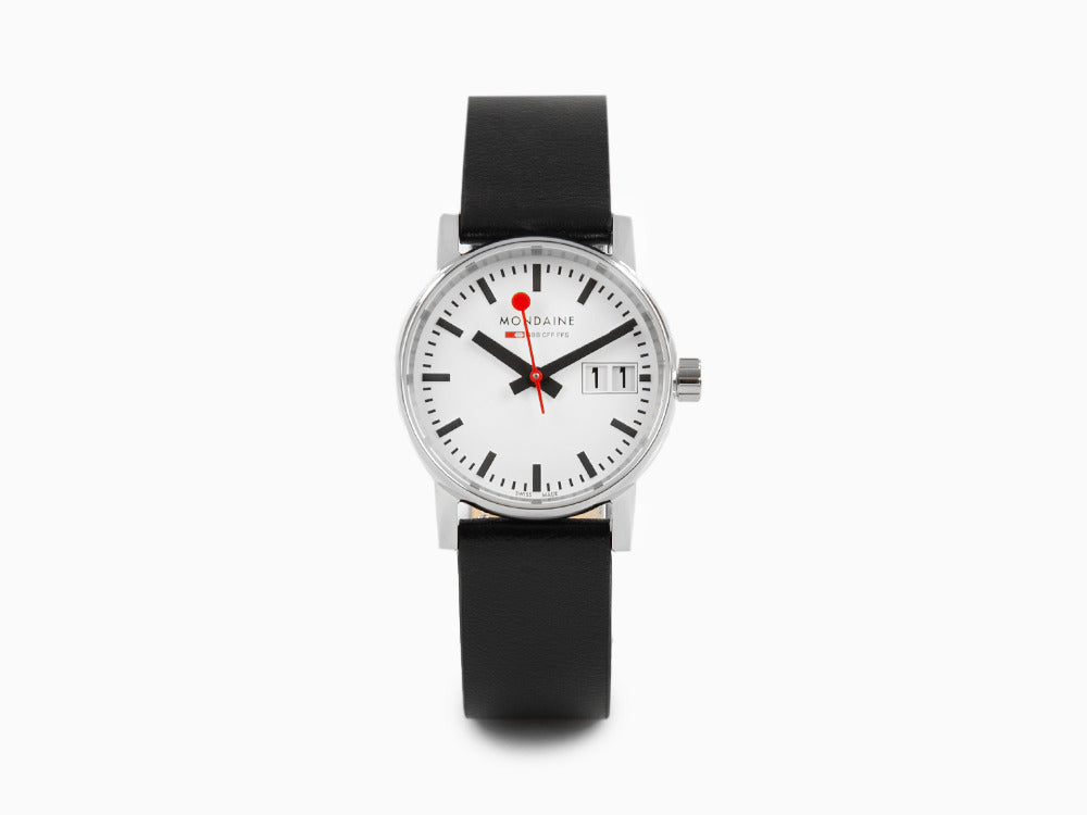 Mondaine SBB Evo2 Quartz Watch, White, 30mm, Day, Leather strap, MSE.30210.LB