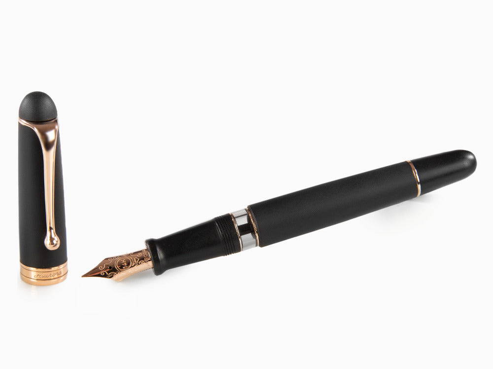 Aurora 88 Black Satin Fountain Pen, Black Resin, Rose Gold Trim, 809-PN