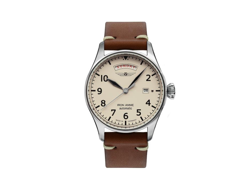 Iron Annie Cockpit Automatic Watch, Beige, 42 mm, Leather, Day and date, 5164-3