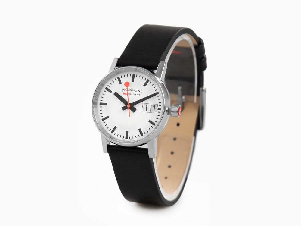 Mondaine SBB Evo2 Quartz Watch, White, 30mm, Day, Leather strap, MSE.30210.LB