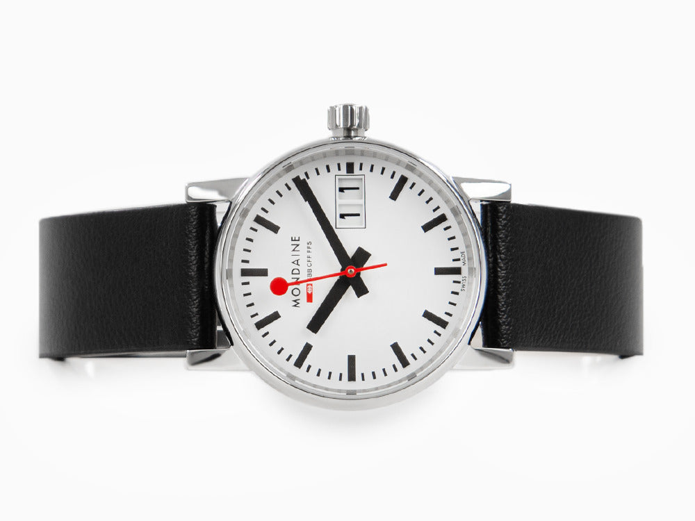 Mondaine SBB Evo2 Quartz Watch, White, 30mm, Day, Leather strap, MSE.30210.LB