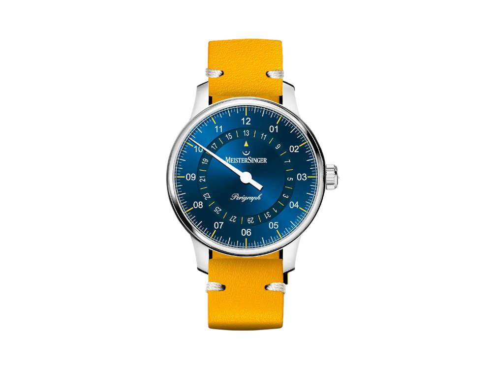 Meistersinger Perigraph Automatic Watch, 38 mm, Blue, Leather strap, S-BM1118