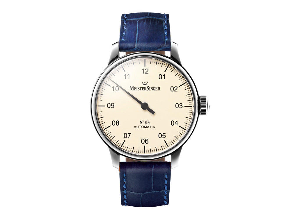 Meistersinger N3 Automatic Watch, ETA 2824-2, 43mm. Blue Leather strap, AM903