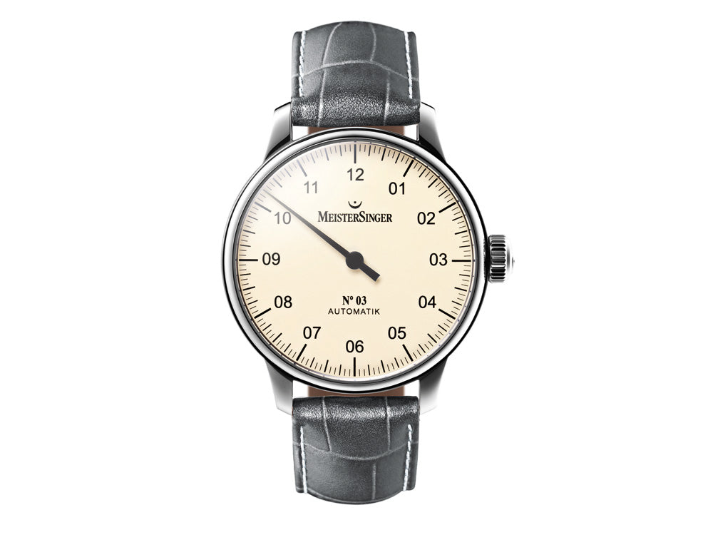 Meistersinger N3 Automatic Watch, ETA 2824-2, 43mm. Grey Leather strap, AM903