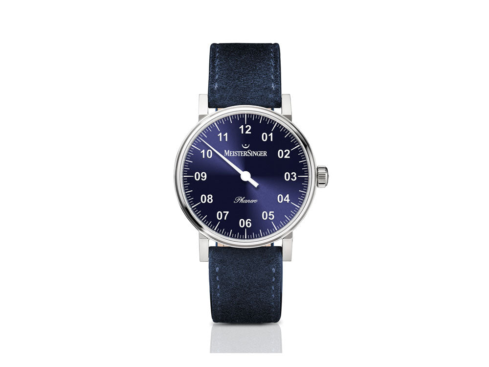 Meistersinger Phanero Watch, Manual winding, Blue sunburst, 35mm, Leather strap