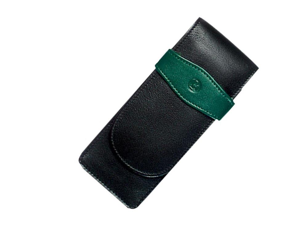 Pelikan 3 Pen Case, Leather, Black-Green, Soft, Flap tuck, 924092