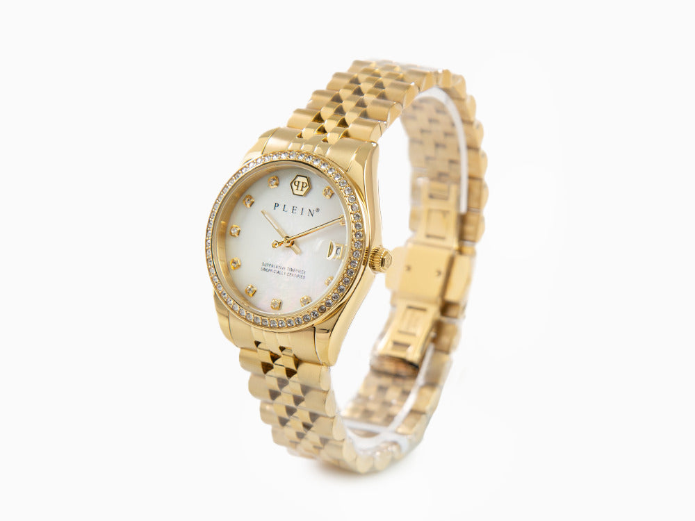 Philipp Plein Date Superlative Quartz Watch, PVD Gold, White, 34 mm, PWYAA0323