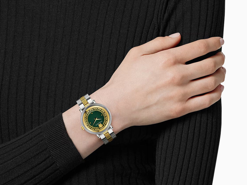 Versace Greca Flourish Quartz Watch, PVD Gold, Green, 35 mm, VE7F00523