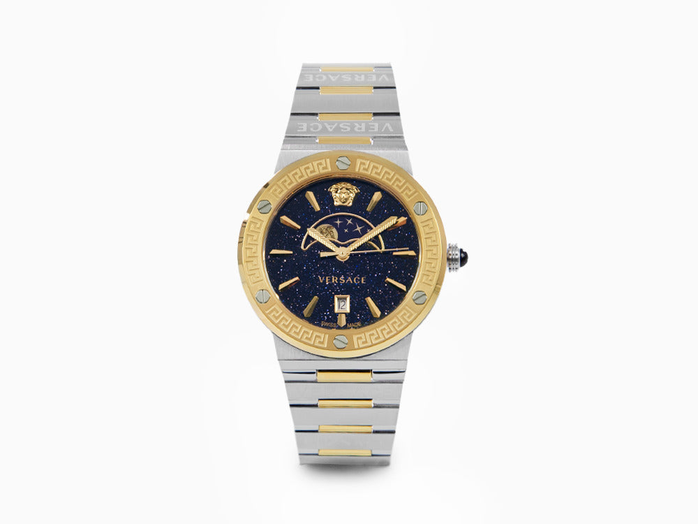 Versace Greca Logo Moonphase Quartz Watch, PVD Gold, Blue, 38 mm, VE7G00223