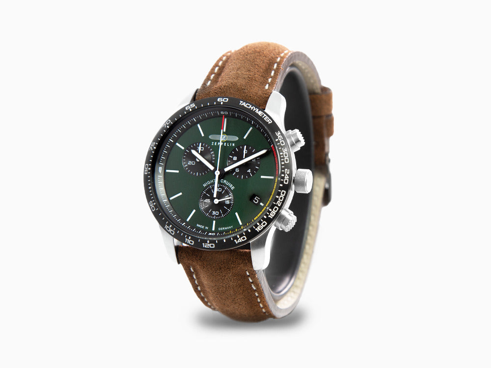 Zeppelin Night Cruise Quartz Watch, Green, 42 mm, Chronograph, Day, 7288-4