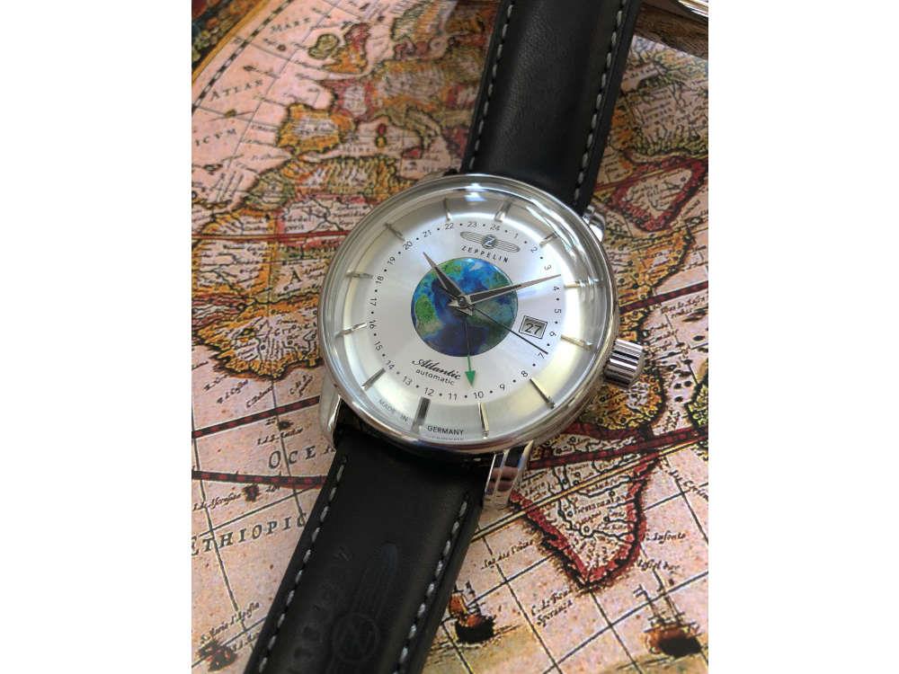 Zeppelin Atlantic Automatic GMT Watch, Silver, 42 mm, Day, Leather strap, 8468-1