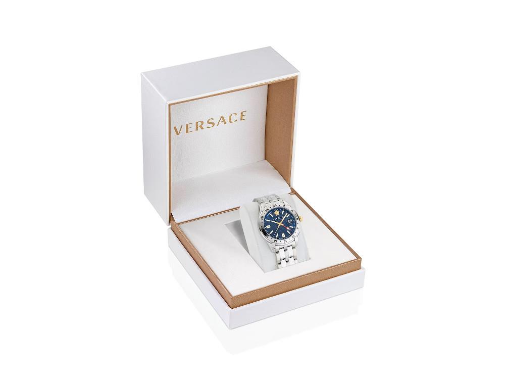 Versace Greca Time GMT Quartz Watch, Blue, 41 mm, Sapphire Crystal